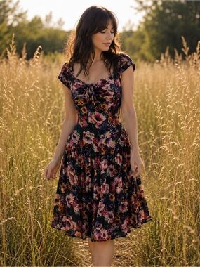 Vintage ARTWORK Floral fit and flare midi dress sweatheart neckline size 4 (XS)